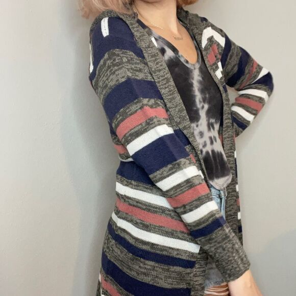 Evelyn Taylor Striped Hooded maxi Cardigan Sweater - Picture 6 of 13